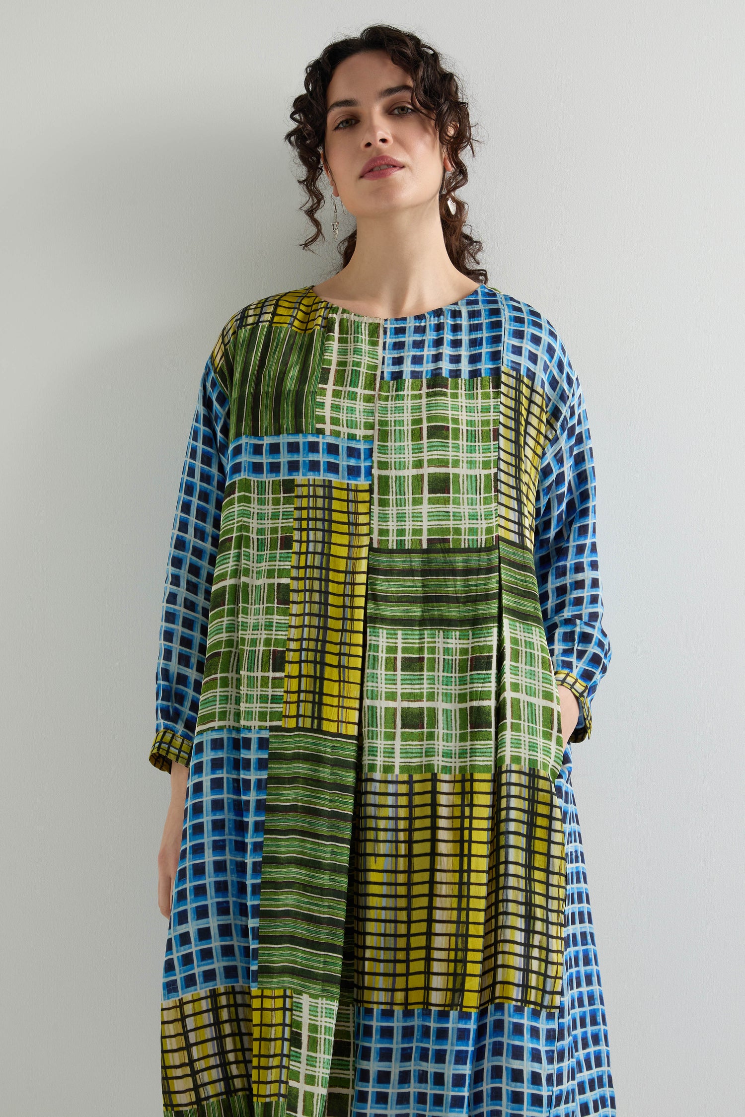 Multi Grid Check Pleat Front Dress