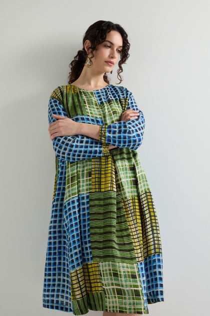 Multi Grid Check Pleat Front Dress