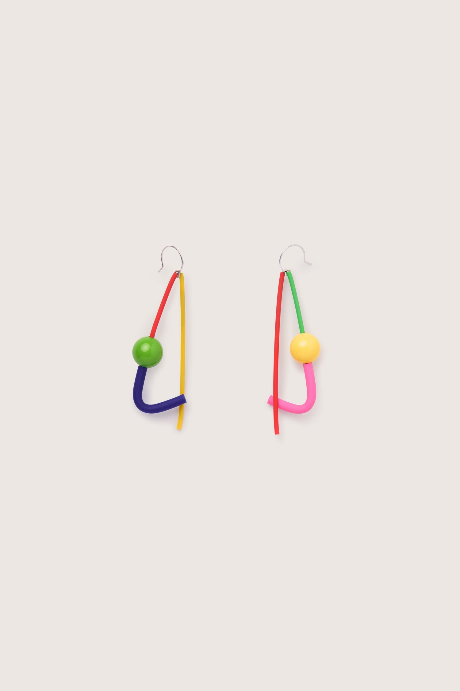 Two Rainbow Sphere Earrings with sculptural geometric shapes, displayed on a plain white background.