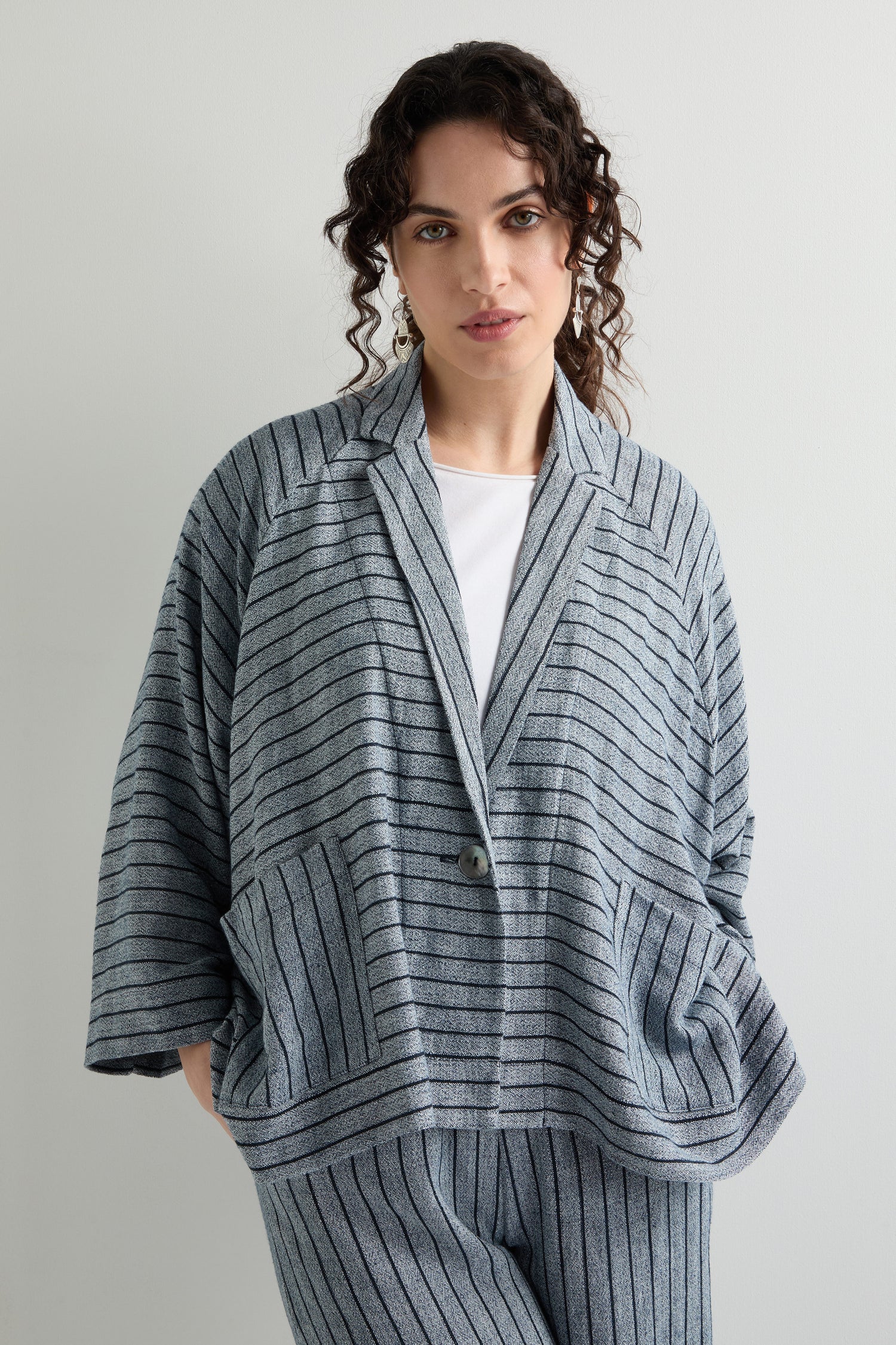 Linen Viscose Stripe Boxy Jacket