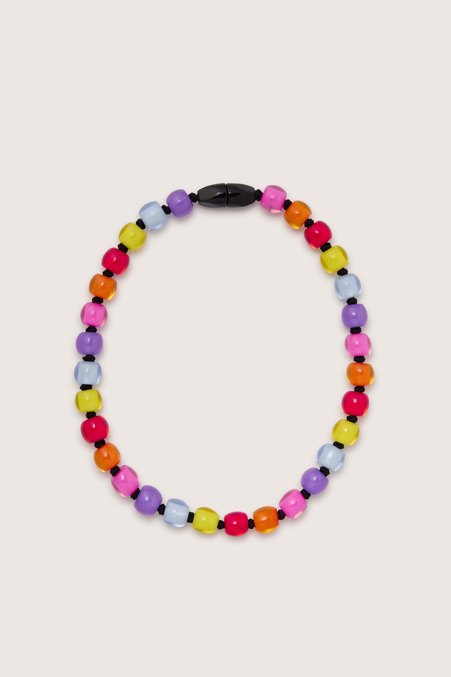 A colorful beaded Colourful Beads Necklace featuring round resin beads in shades of red, pink, purple, yellow, orange, and blue, with a black magnetic closure.