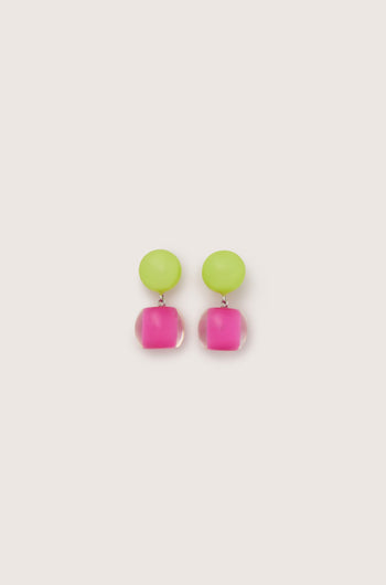 A pair of Colourful Beads Double Sphere Earrings, each featuring a round green top bead made from high-quality resin connected to a pink cube-shaped bead beneath.